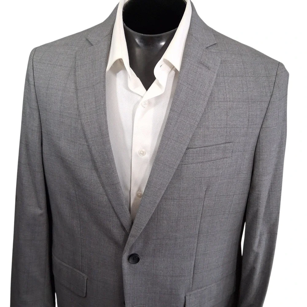J.M. Haggar Blazer Men 44R Light Gray Glen Plaid Slim Fit Two Button Double Vent